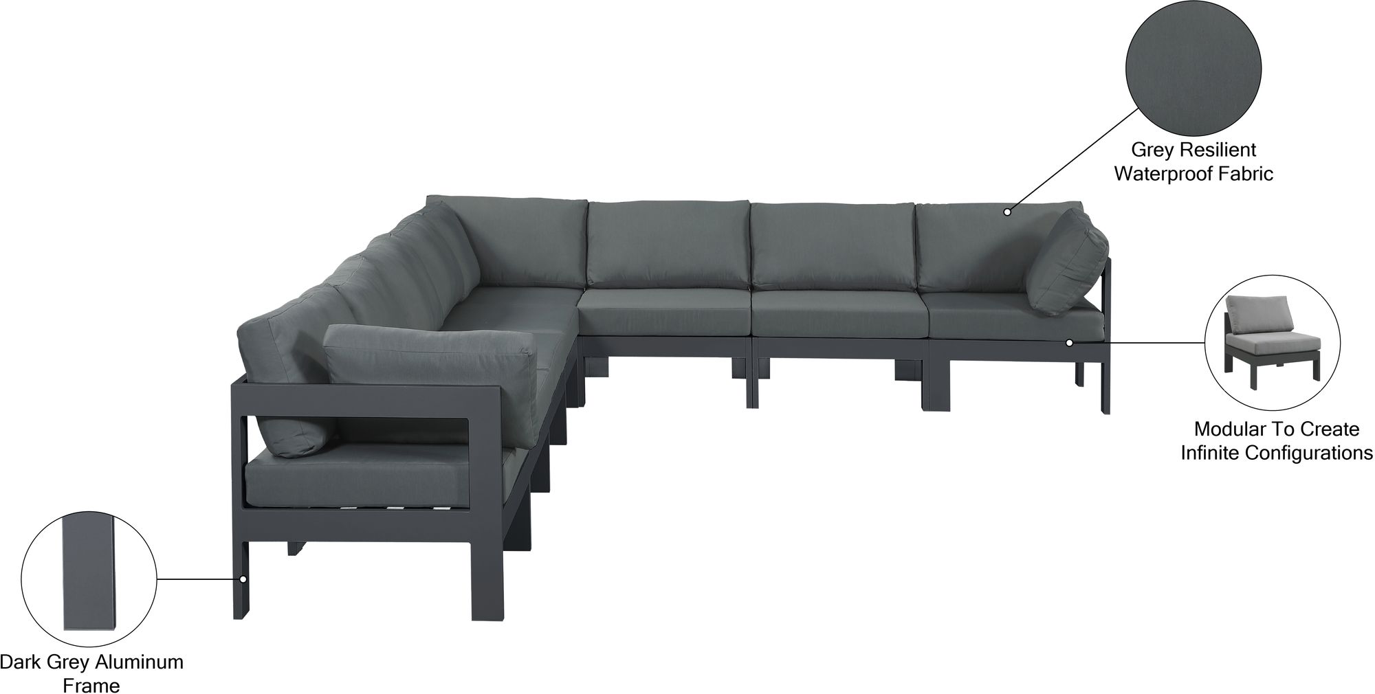 Nizuc 150" 8-Piece Outdoor Patio Waterproof Fabric Modular Sectional with Dark Grey Aluminum Frame