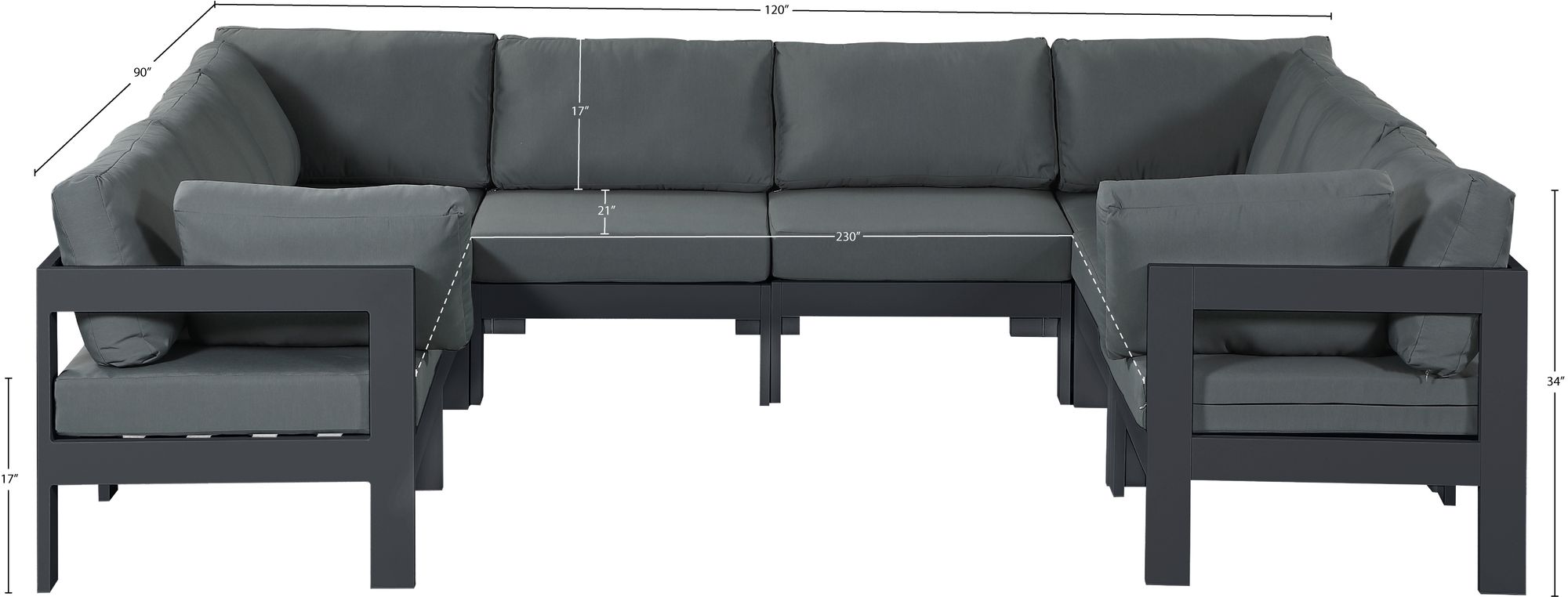 Nizuc 120" 8-Piece Outdoor Patio Waterproof Fabric Modular U-Shape Sectional with Dark Grey Aluminum Frame