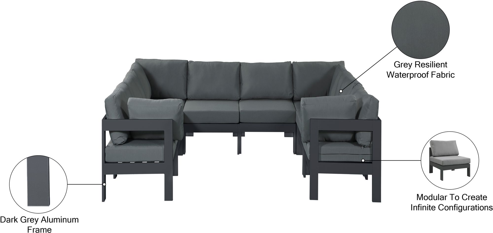 Nizuc 120" 8-Piece Outdoor Patio Waterproof Fabric Modular U-Shape Sectional with Aluminum Frame