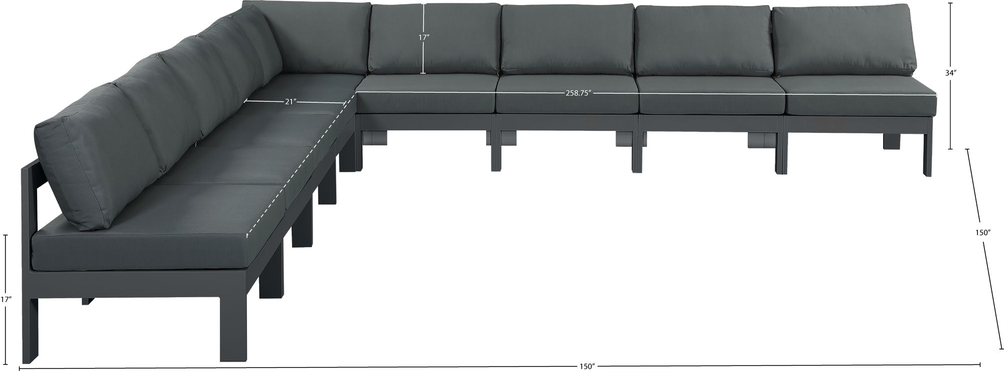 Nizuc 150" 9-Piece Outdoor Patio Waterproof Fabric Modular Armless Sectional with Dark Grey Aluminum Frame