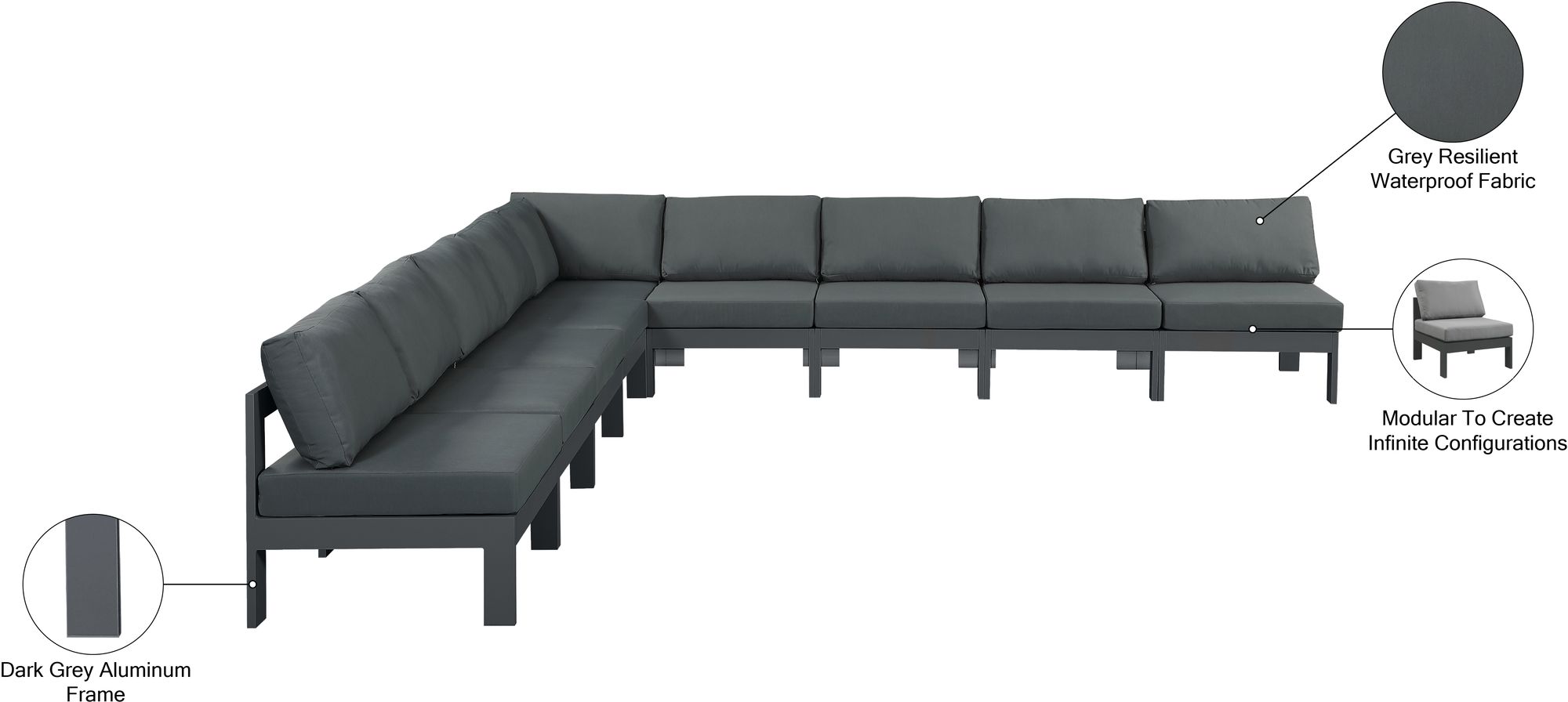 Nizuc 150" 9-Piece Outdoor Patio Waterproof Fabric Modular Armless Sectional with Aluminum Frame
