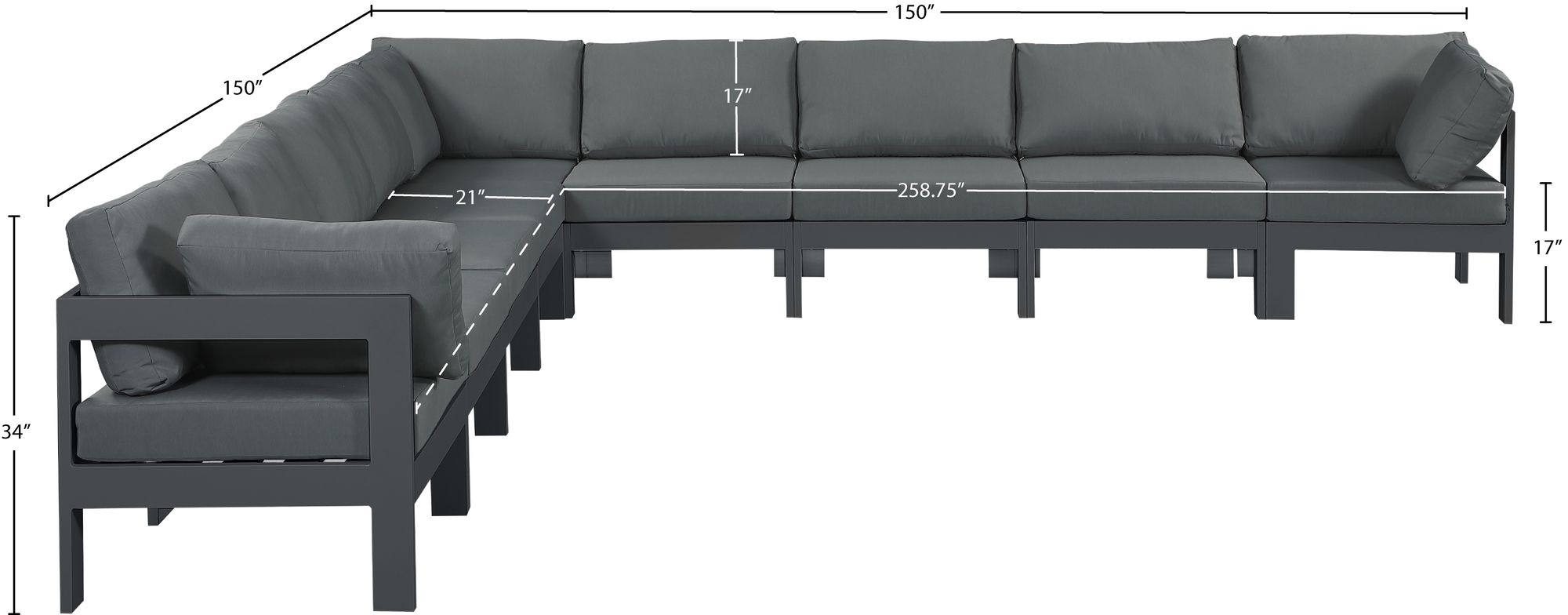 Nizuc 150" 9-Piece Outdoor Patio Waterproof Fabric Modular Sectional with Dark Grey Aluminum Frame