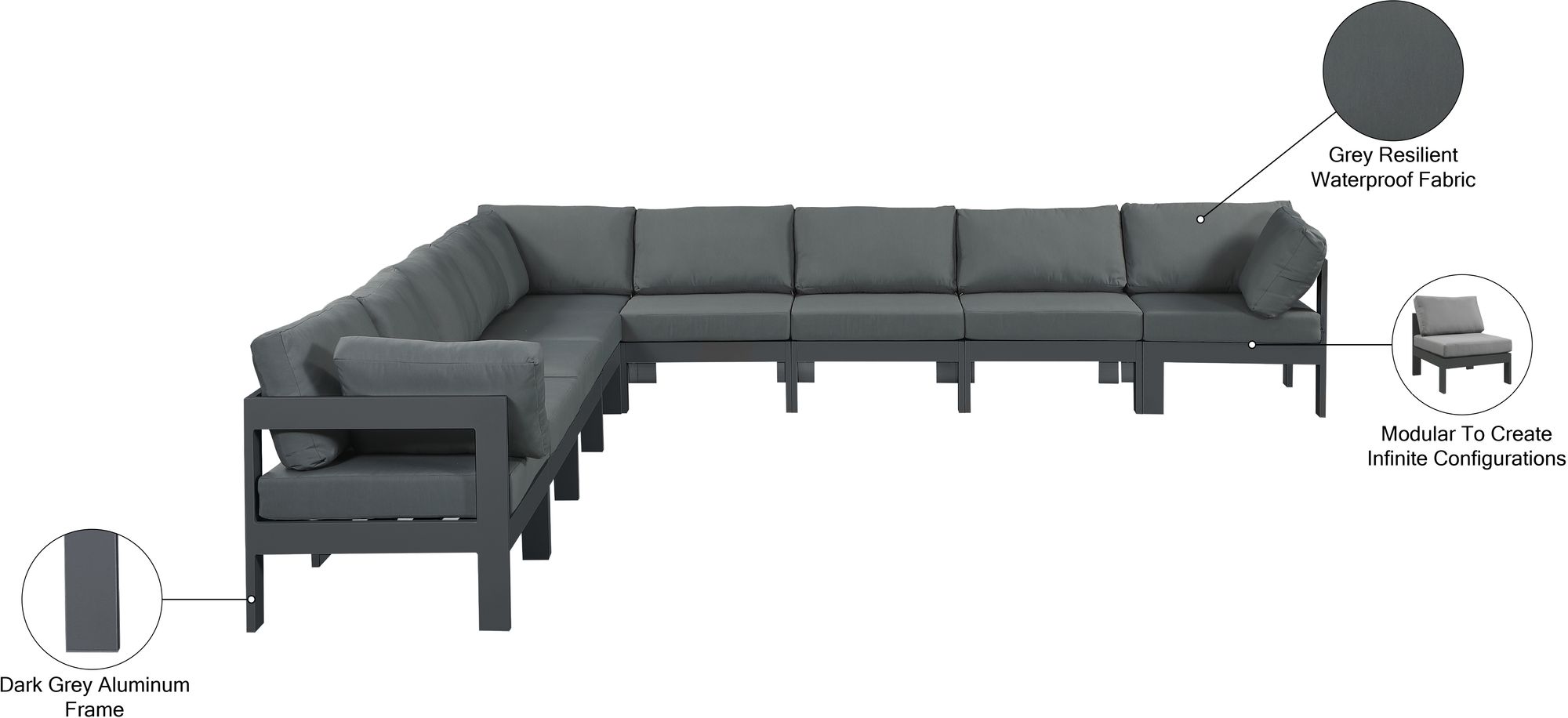 Nizuc 150" 9-Piece Outdoor Patio Waterproof Fabric Modular Sectional with Aluminum Frame