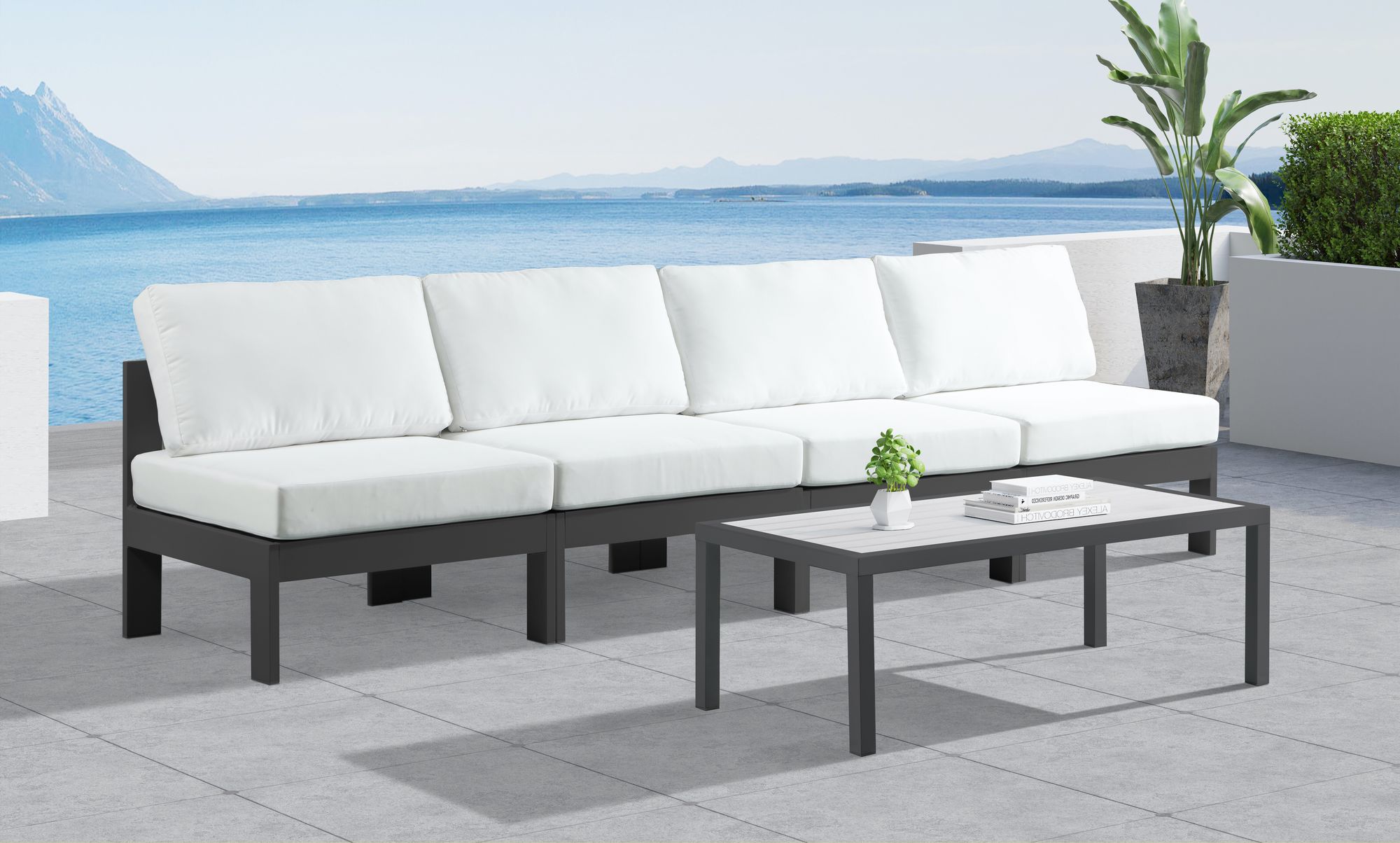 Nizuc 120" Outdoor Patio Waterproof Fabric Armless Modular Sofa with Dark Grey Aluminum Frame