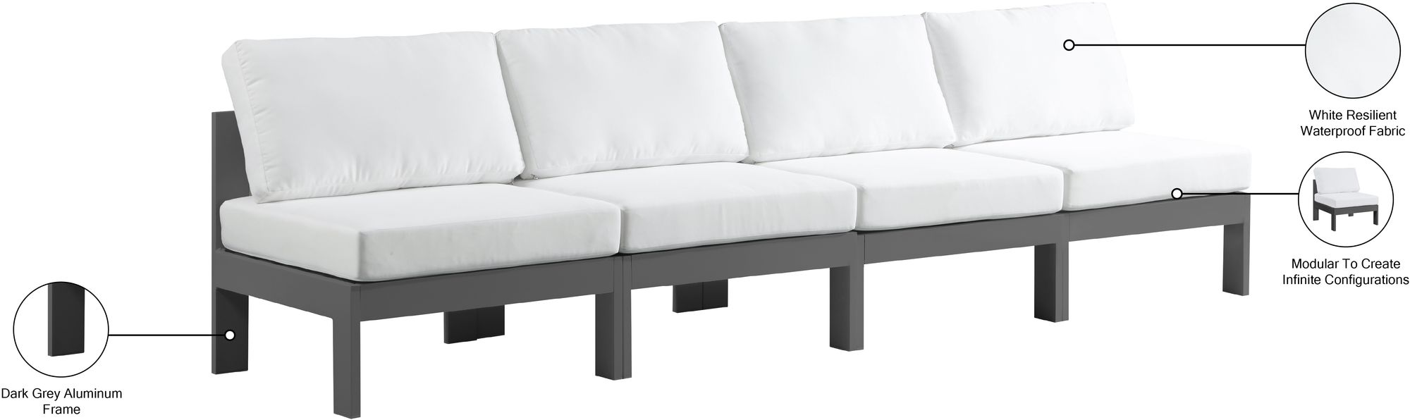 Nizuc 120" Outdoor Patio Waterproof Fabric Armless Modular Sofa with Dark Grey Aluminum Frame