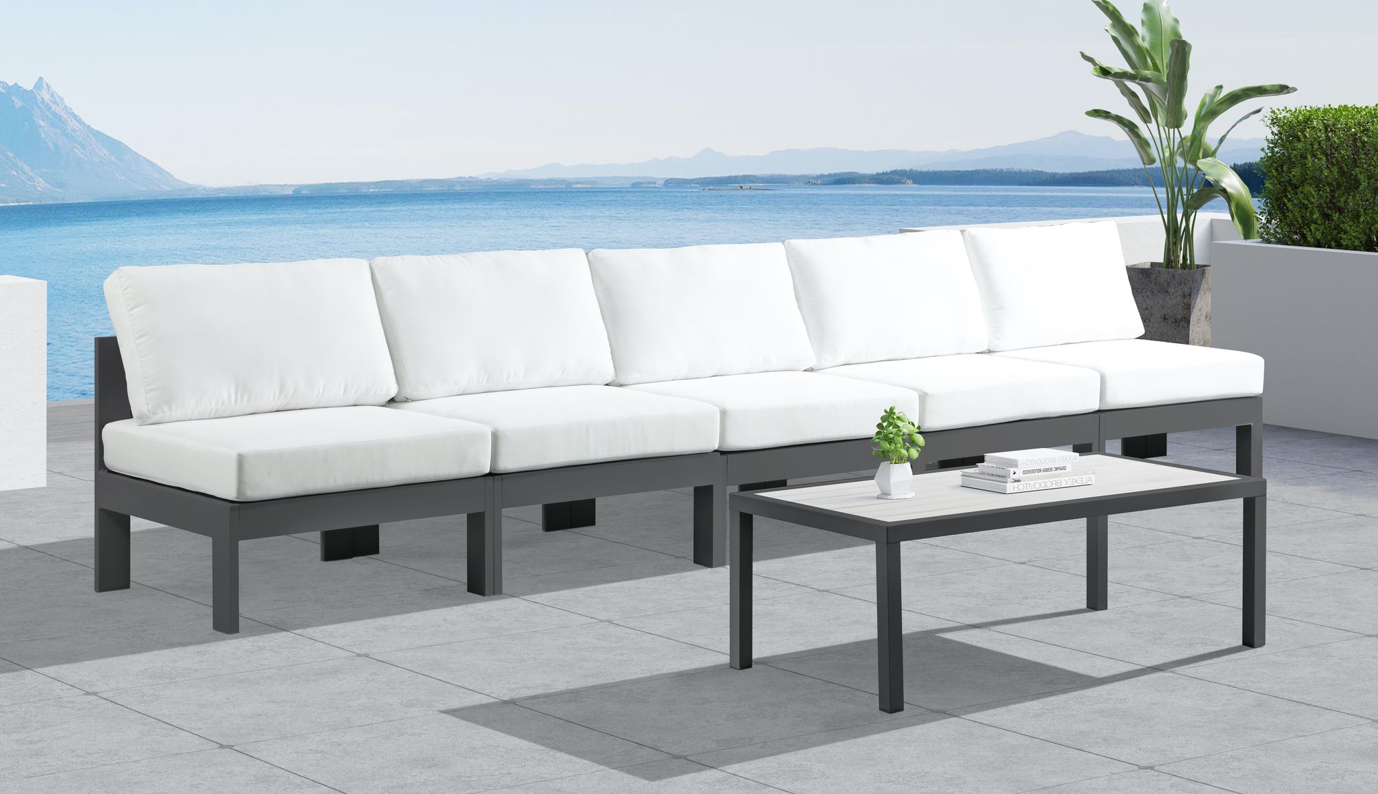 Nizuc 150" Outdoor Patio Waterproof Fabric Armless Modular Sofa with Dark Grey Aluminum Frame