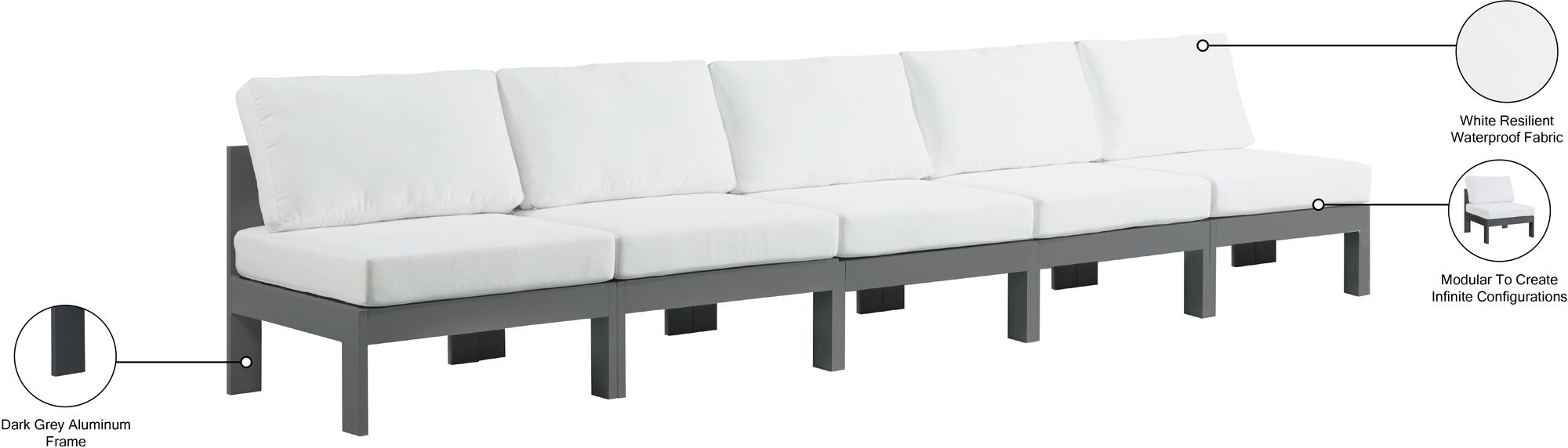 Nizuc 150" Outdoor Patio Waterproof Fabric Armless Modular Sofa with Dark Grey Aluminum Frame