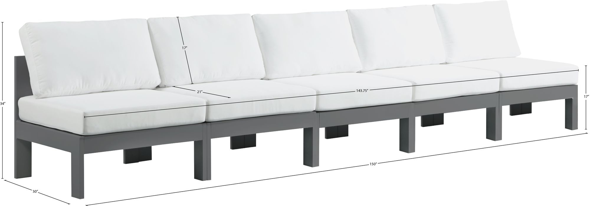 Nizuc 150" Outdoor Patio Waterproof Fabric Armless Modular Sofa with Aluminum Frame