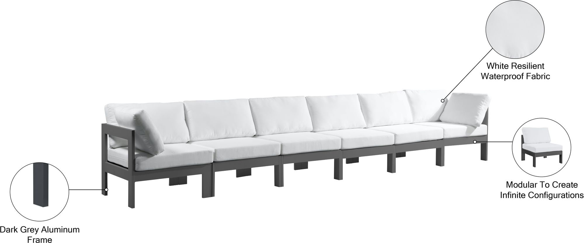 Nizuc 180" Outdoor Patio Waterproof Fabric Modular Sofa with Dark Grey Aluminum Frame