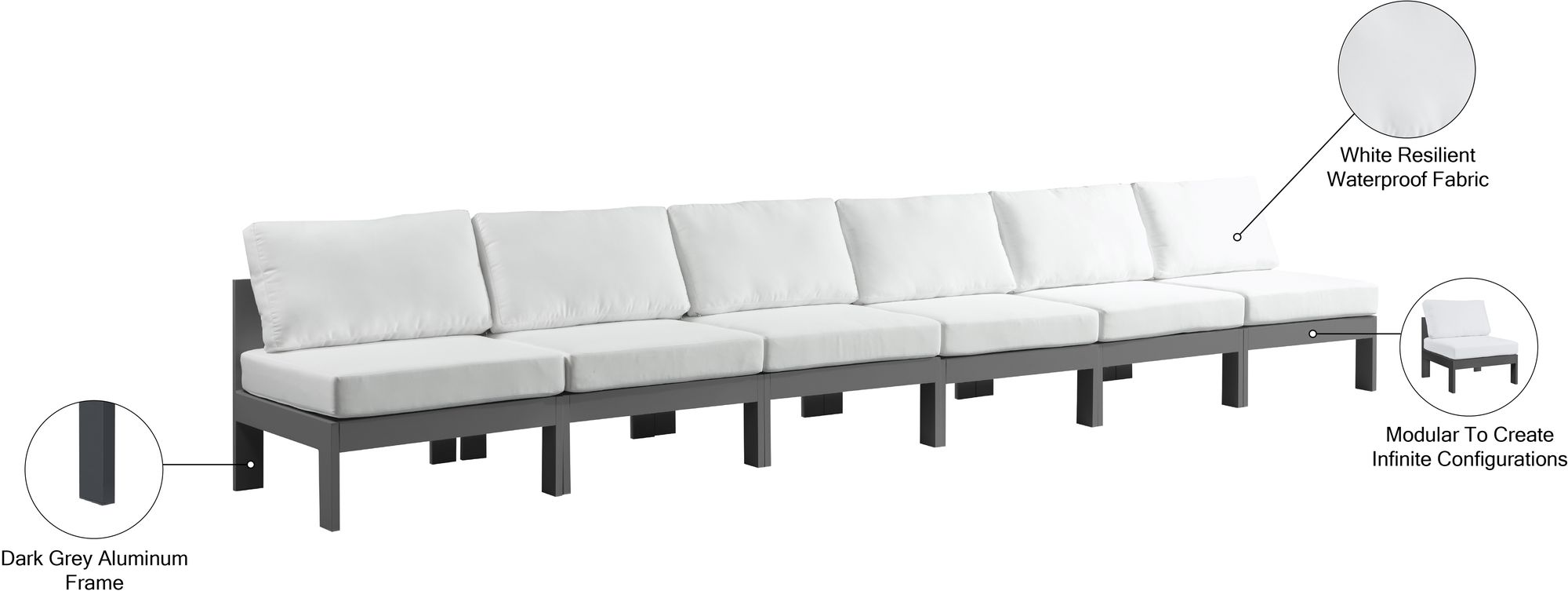 Nizuc 180" Outdoor Patio Waterproof Fabric Armless Modular Sofa with Dark Grey Aluminum Frame