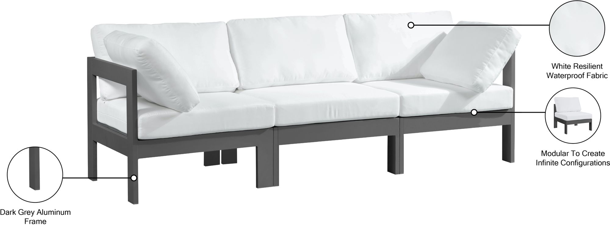 Nizuc 90" Outdoor Patio Waterproof Fabric Modular Sofa with Dark Grey Aluminum Frame