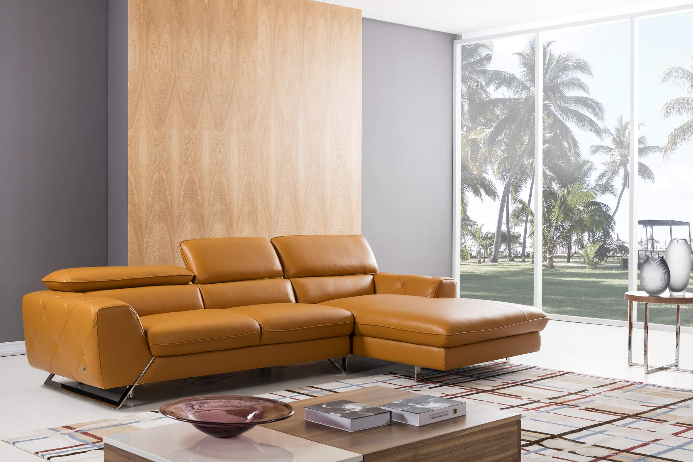 S98 Top Grain Leather Match Sectional Sofa, Right Arm Chaise Facing