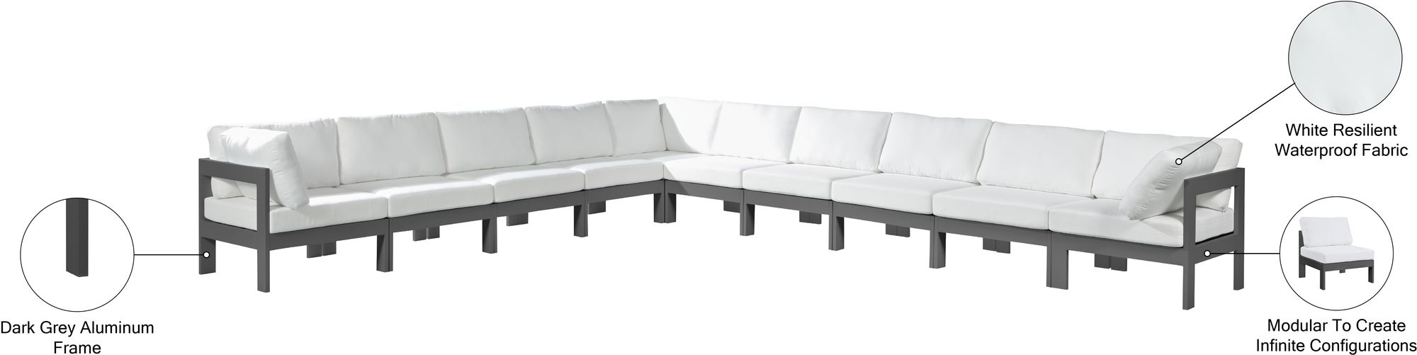 Nizuc 180" 10-Piece Outdoor Patio Waterproof Fabric Modular Sectional with Aluminum Frame