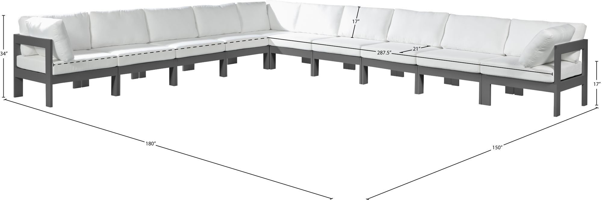 Nizuc 180" 10-Piece Outdoor Patio Waterproof Fabric Modular Sectional with Aluminum Frame