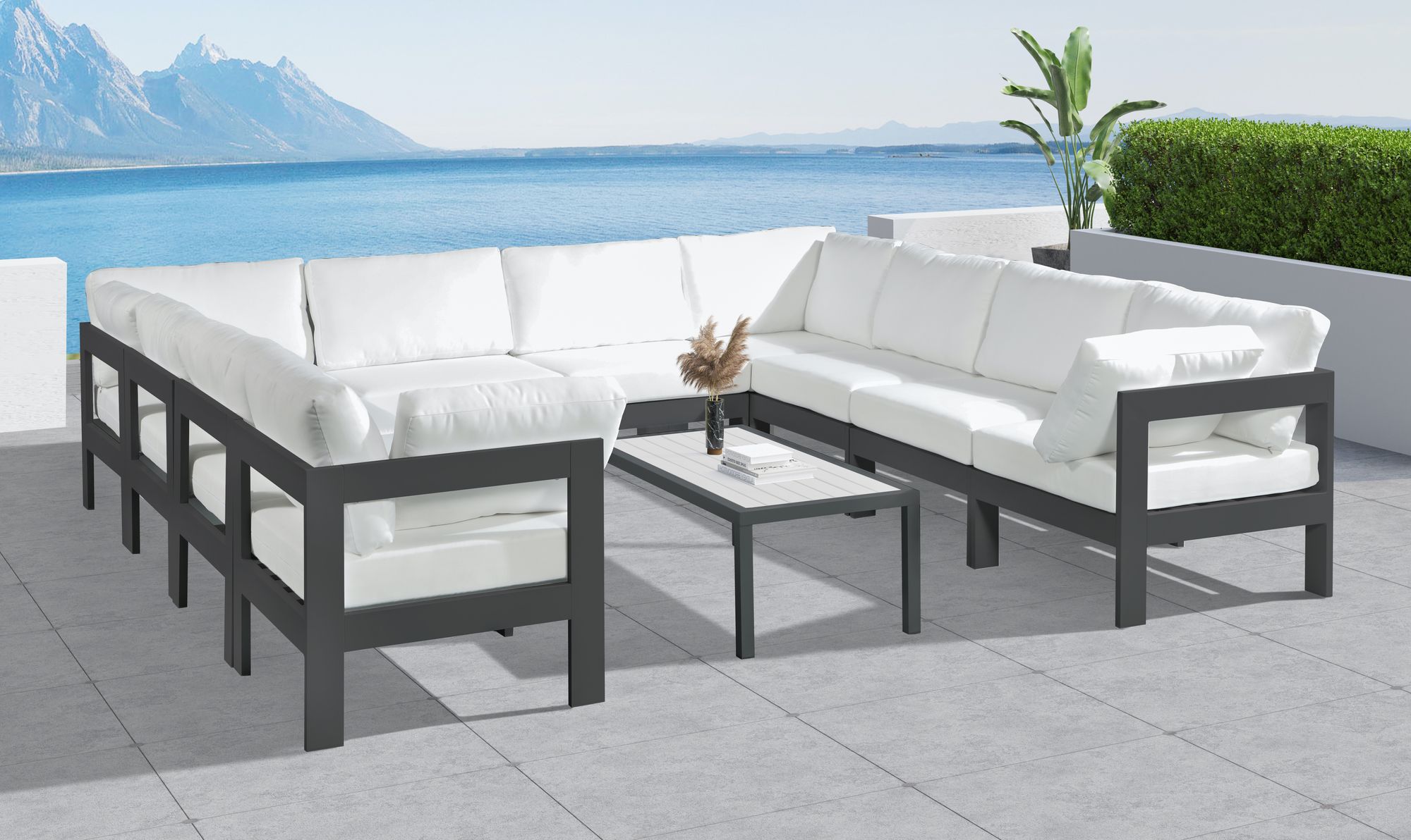 Nizuc 120" 10-Piece Outdoor Patio Waterproof Fabric Modular U-Shape Sectional with Dark Grey Aluminum Frame