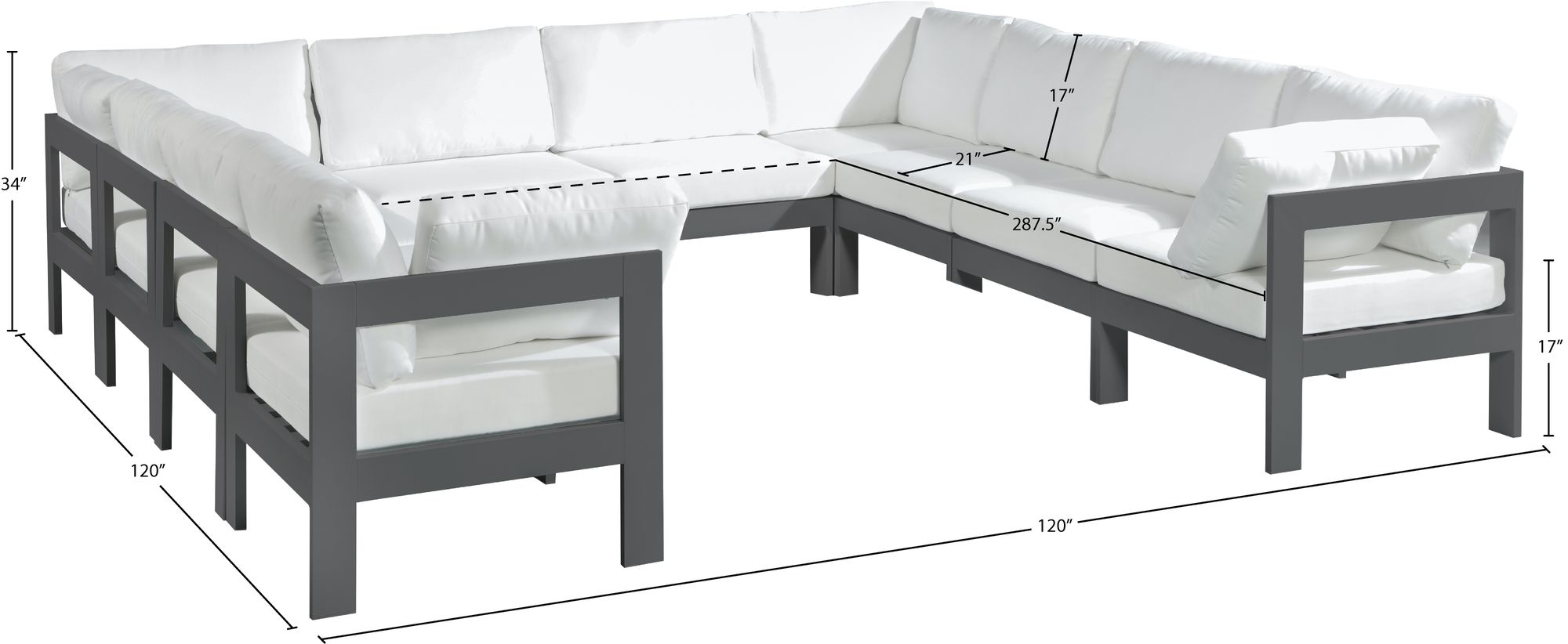 Nizuc 120" 10-Piece Outdoor Patio Waterproof Fabric Modular U-Shape Sectional with Dark Grey Aluminum Frame
