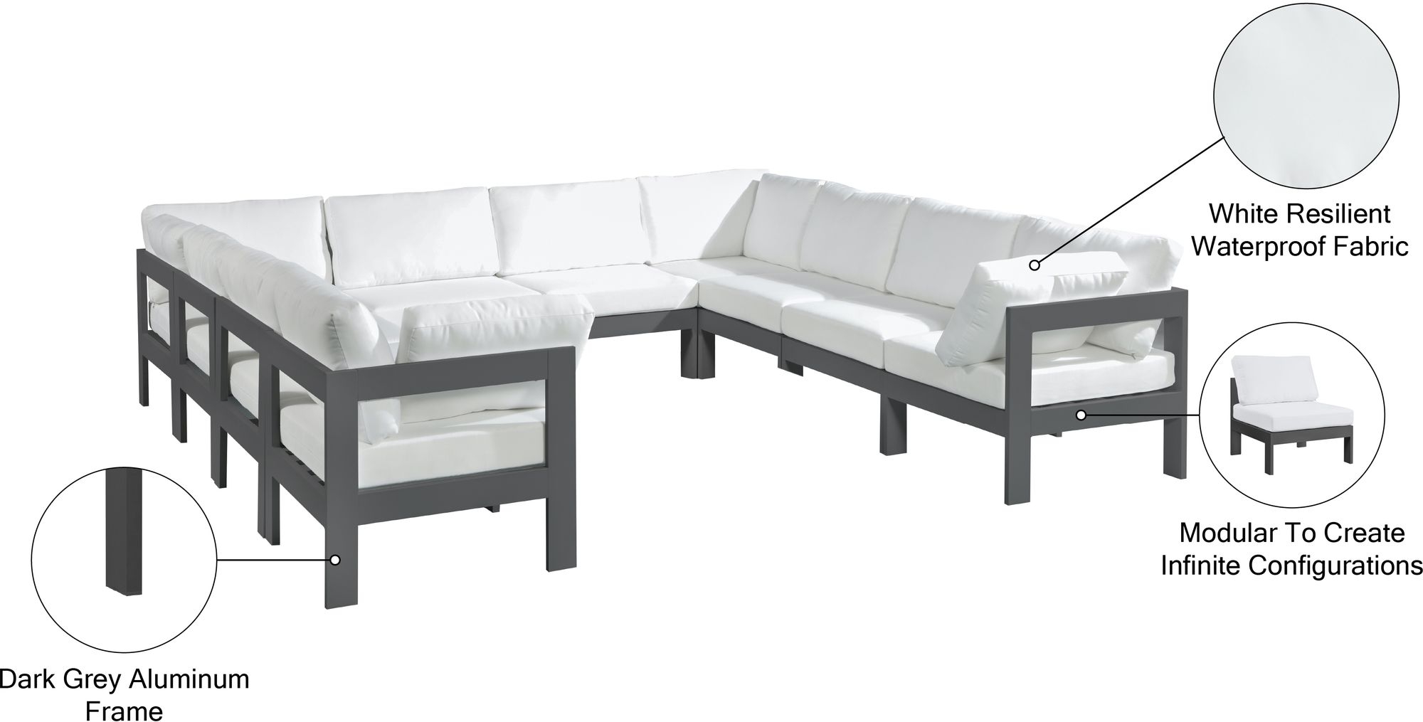 Nizuc 120" 10-Piece Outdoor Patio Waterproof Fabric Modular U-Shape Sectional with Aluminum Frame