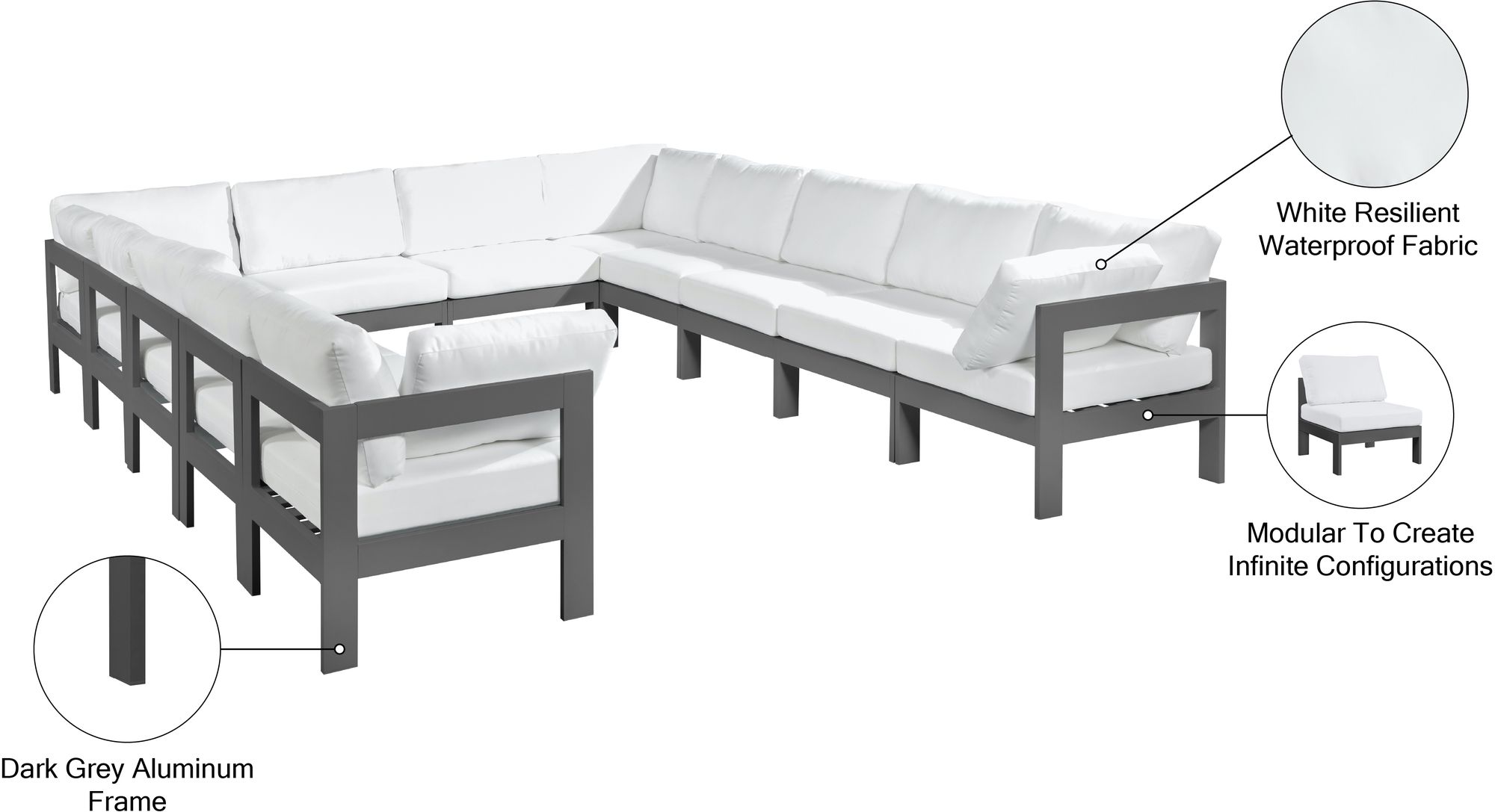 Nizuc 120" 12-Piece Outdoor Patio Waterproof Fabric Modular U-Shape Sectional with Dark Grey Aluminum Frame