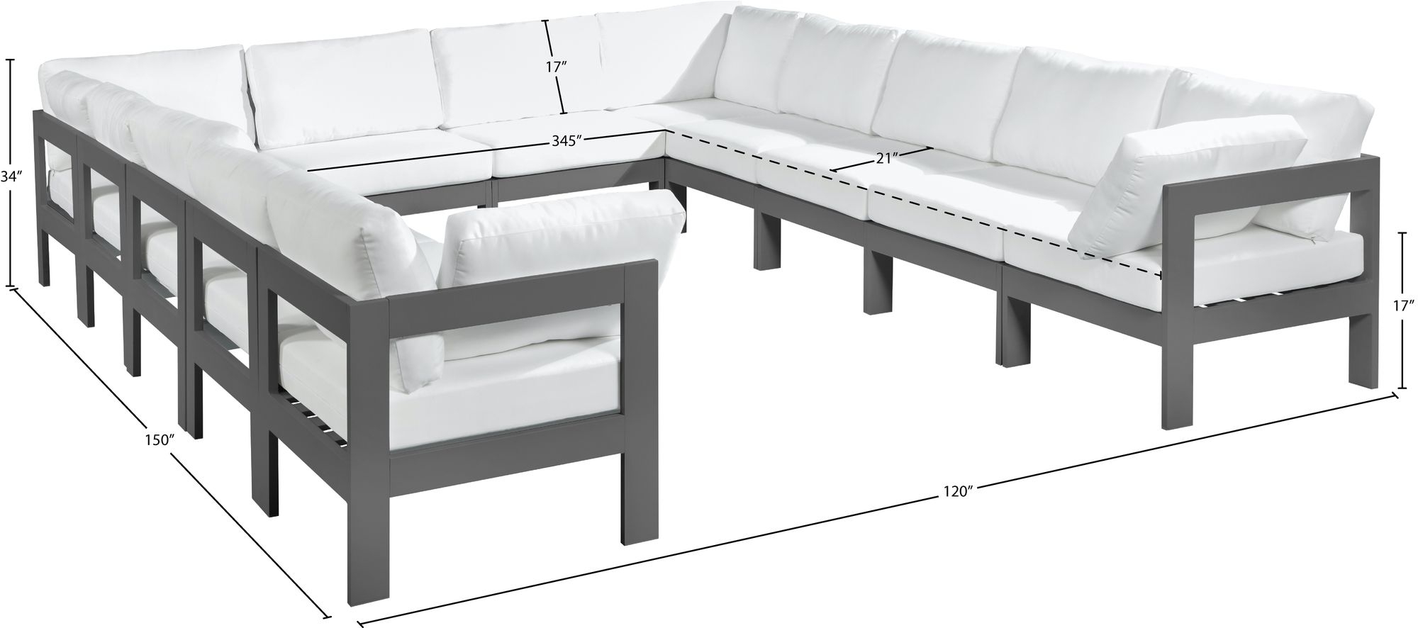 Nizuc 120" 12-Piece Outdoor Patio Waterproof Fabric Modular U-Shape Sectional with Aluminum Frame