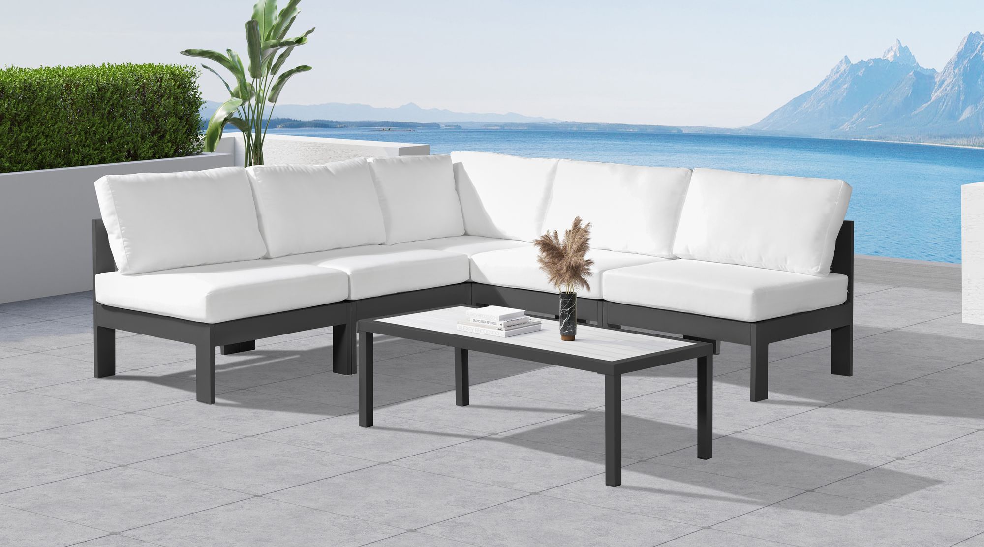 Nizuc 90" 5-Piece Outdoor Patio Waterproof Fabric Modular Armless Sectional with Dark Grey Aluminum Frame