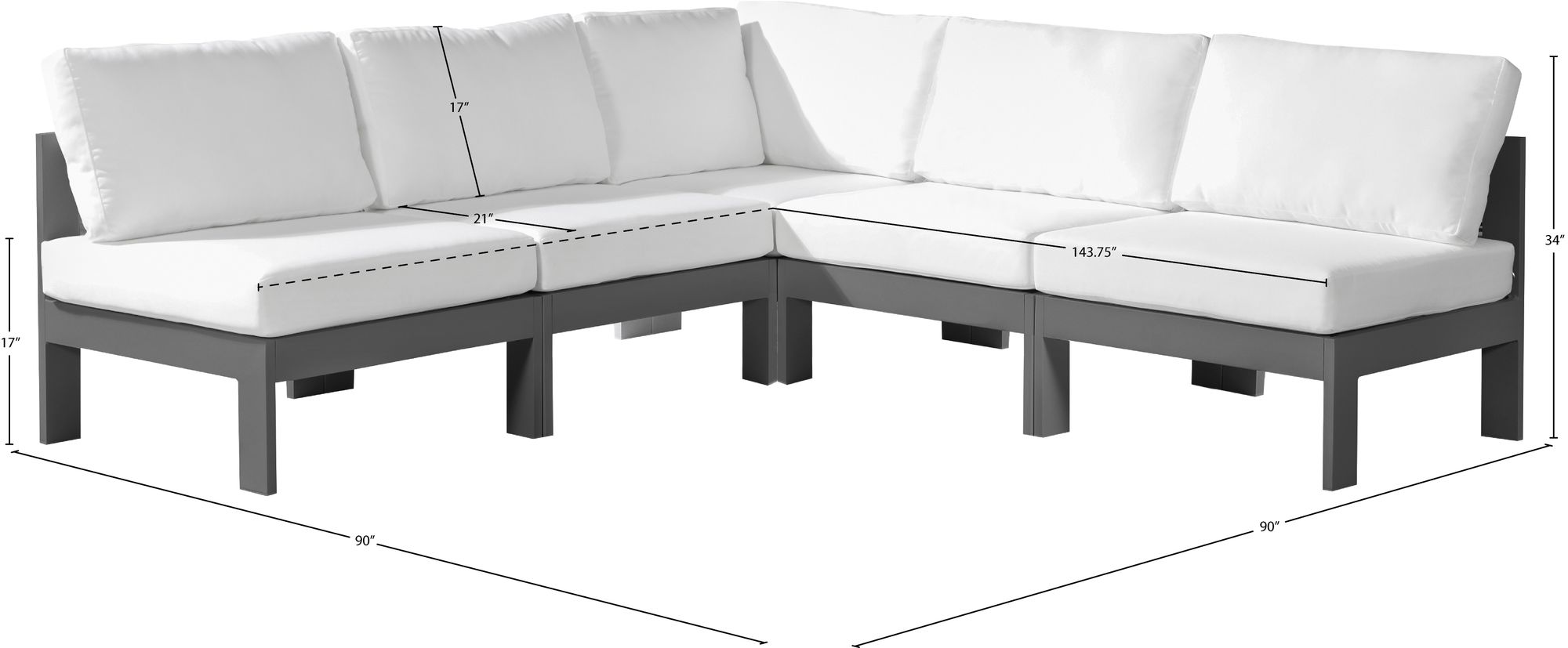 Nizuc 90" 5-Piece Outdoor Patio Waterproof Fabric Modular Armless Sectional with Dark Grey Aluminum Frame