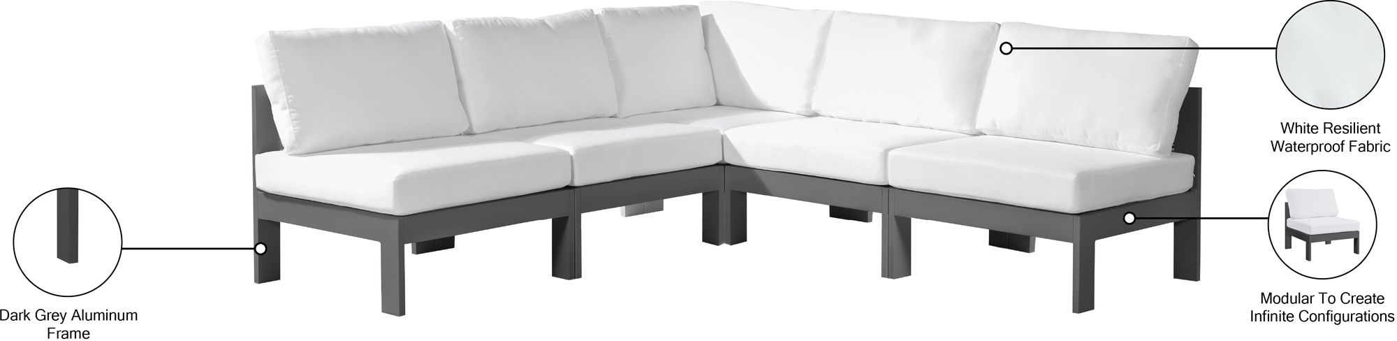 Nizuc 90" 5-Piece Outdoor Patio Waterproof Fabric Modular Armless Sectional with Aluminum Frame