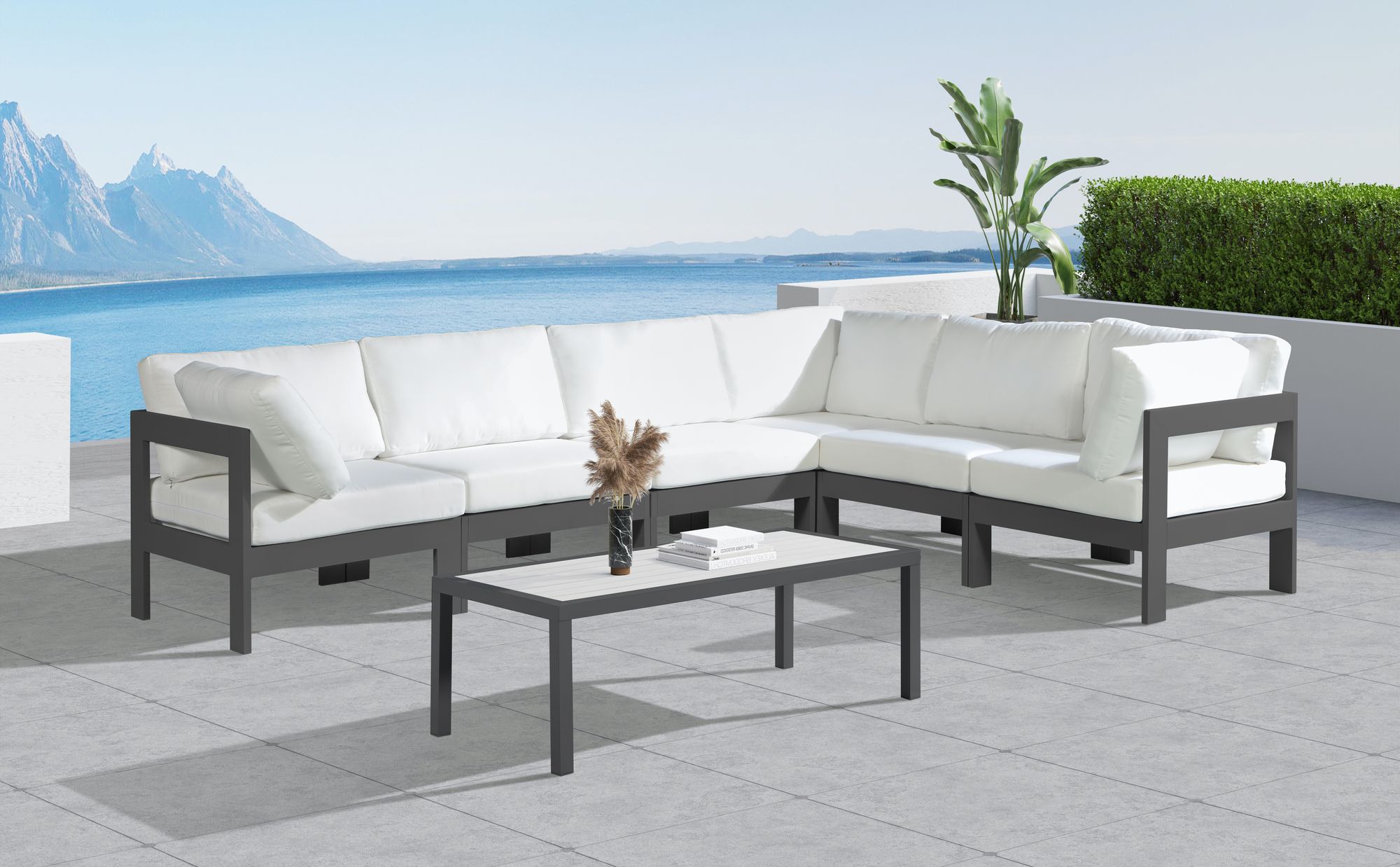 Nizuc 120" 6-Piece Outdoor Patio Waterproof Fabric Modular Sectional with Dark Grey Aluminum Frame