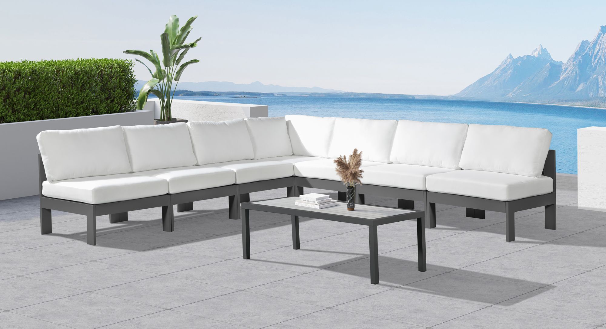Nizuc 120" 7-Piece Outdoor Patio Waterproof Fabric Modular Armless Sectional with Dark Grey Aluminum Frame