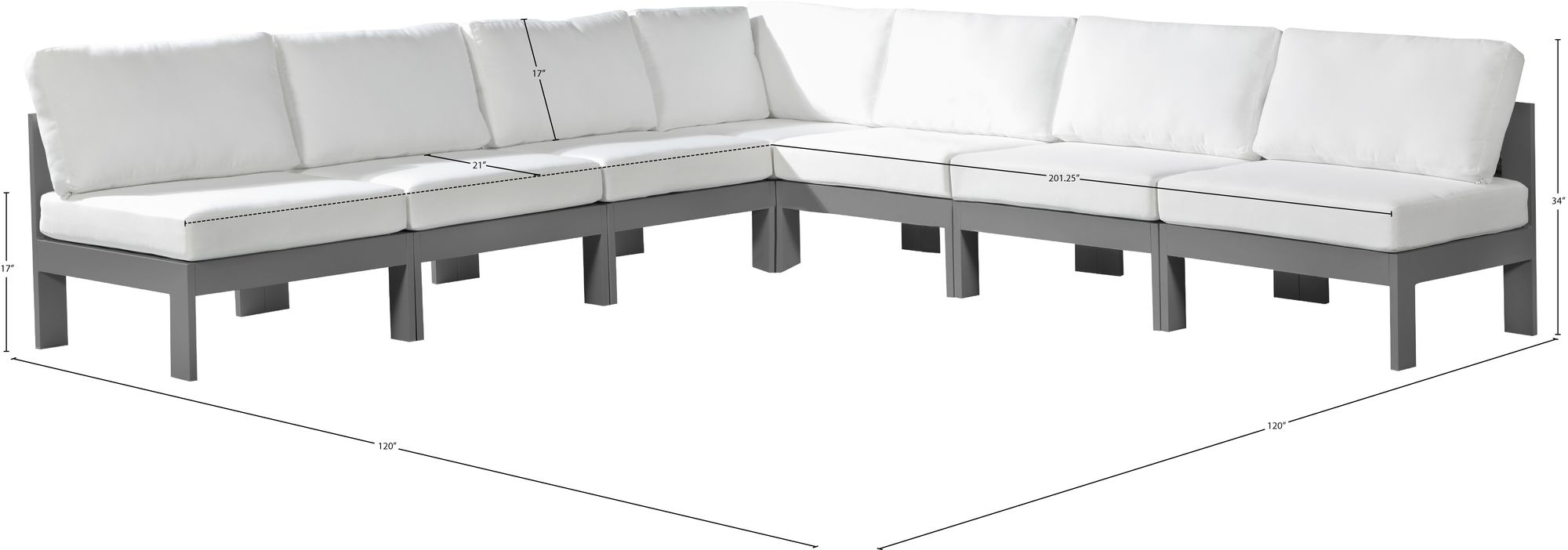 Nizuc 120" 7-Piece Outdoor Patio Waterproof Fabric Modular Armless Sectional with Dark Grey Aluminum Frame