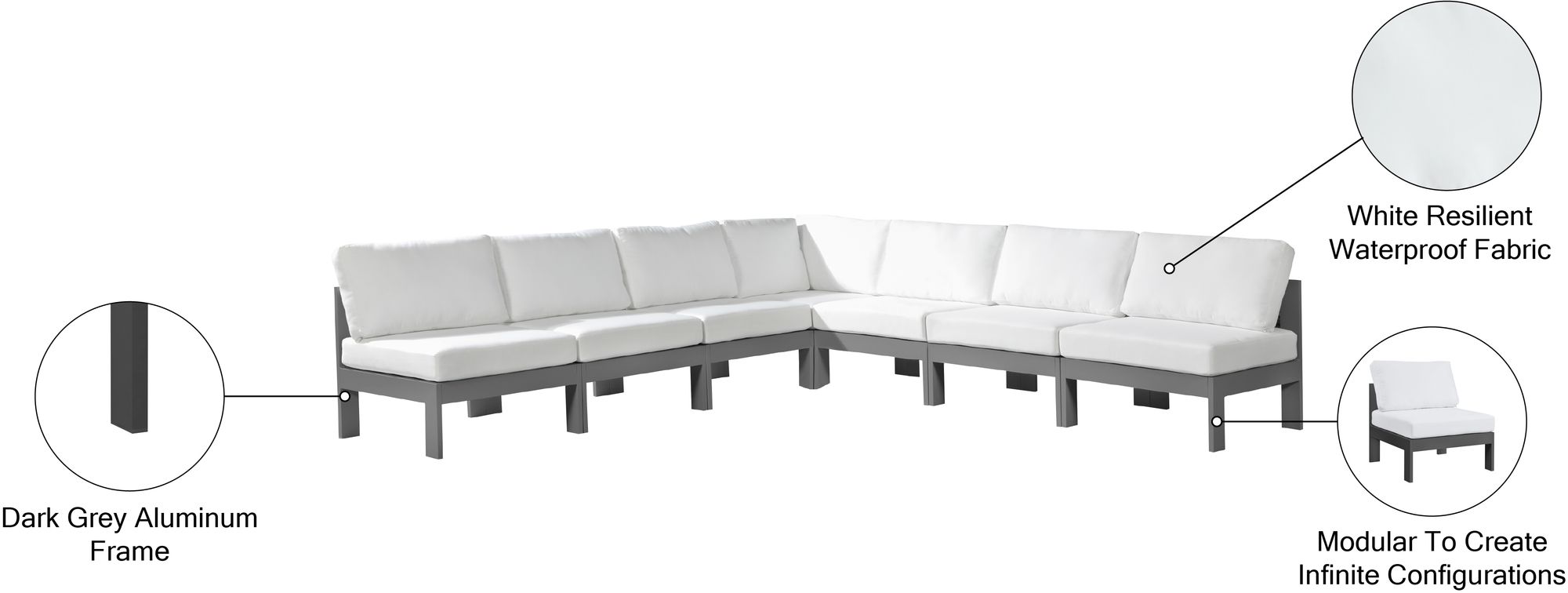 Nizuc 120" 7-Piece Outdoor Patio Waterproof Fabric Modular Armless Sectional with Dark Grey Aluminum Frame