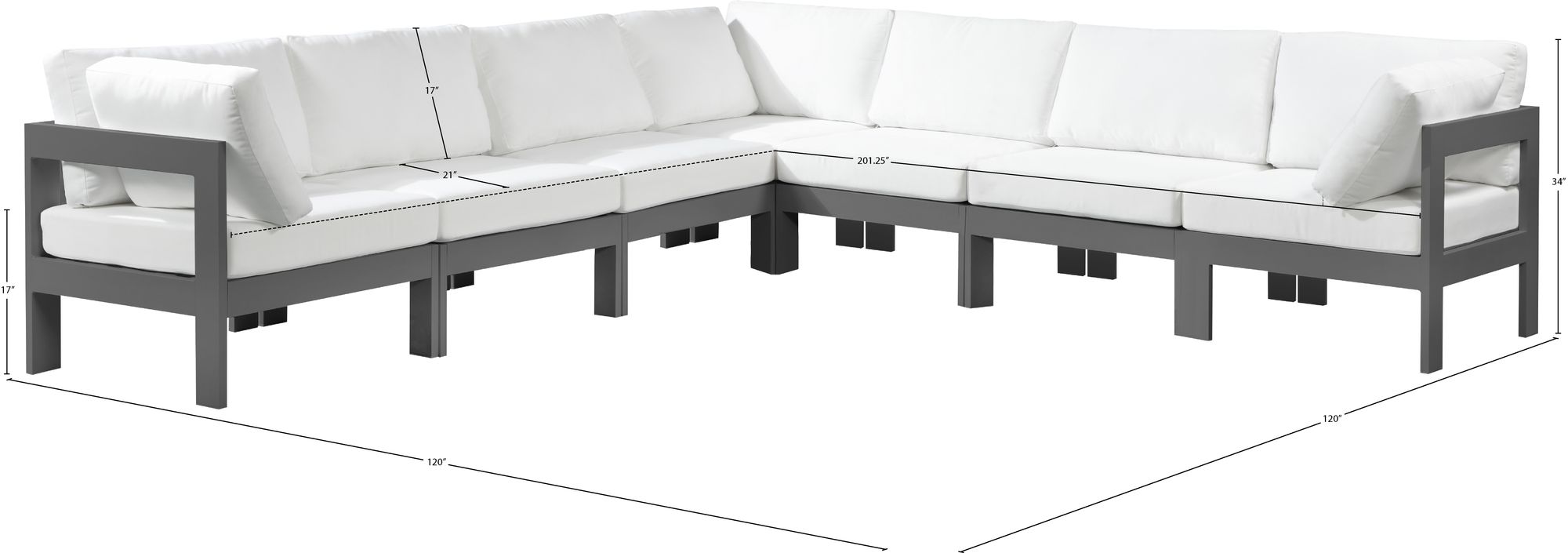 Nizuc 120" 7-Piece Outdoor Patio Waterproof Fabric Modular Sectional with Dark Grey Aluminum Frame