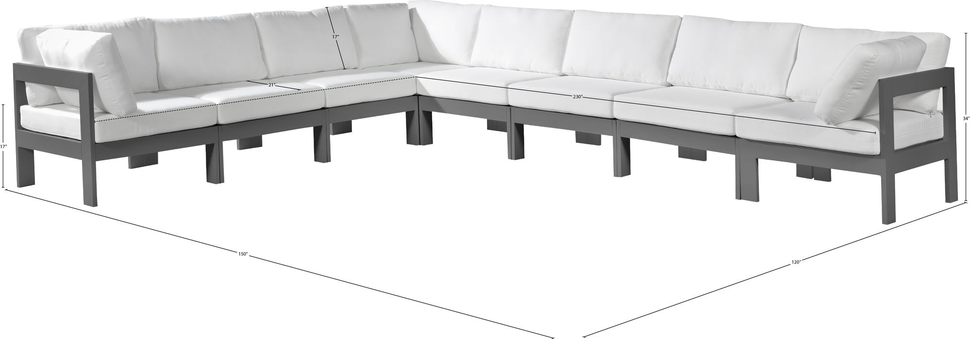 Nizuc 150" 8-Piece Outdoor Patio Waterproof Fabric Modular Sectional with Dark Grey Aluminum Frame