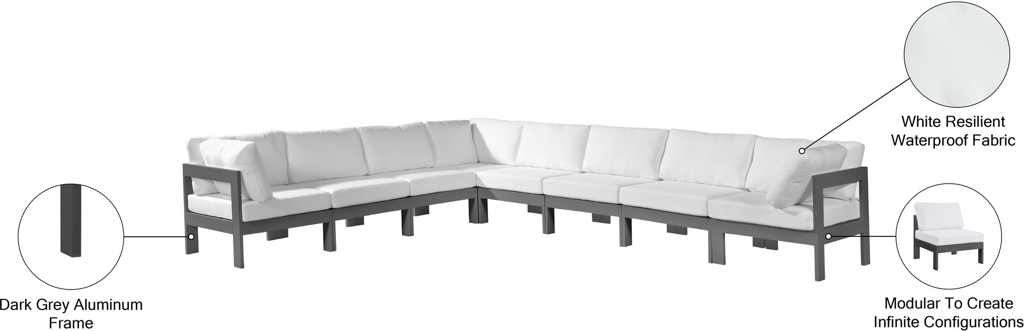 Nizuc 150" 8-Piece Outdoor Patio Waterproof Fabric Modular Sectional with Aluminum Frame
