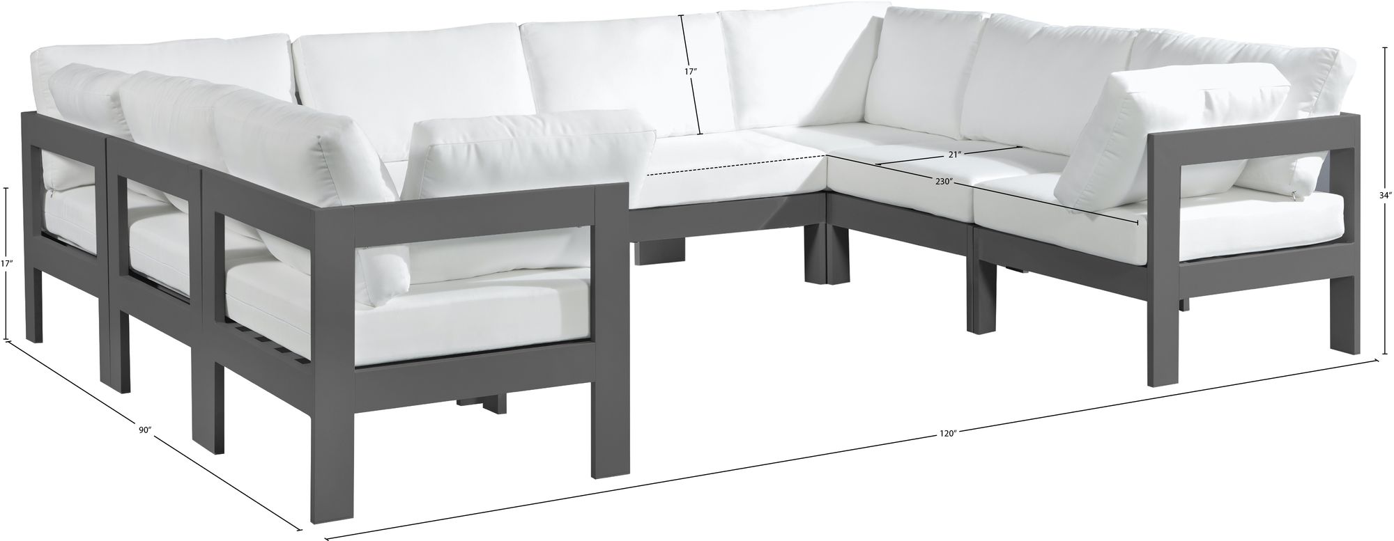 Nizuc 120" 8-Piece Outdoor Patio Waterproof Fabric Modular U-Shape Sectional with Dark Grey Aluminum Frame