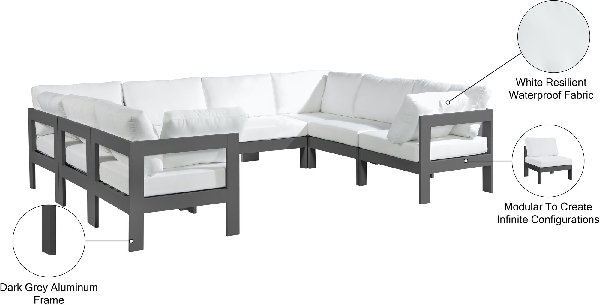 Nizuc 120" 8-Piece Outdoor Patio Waterproof Fabric Modular U-Shape Sectional with Dark Grey Aluminum Frame