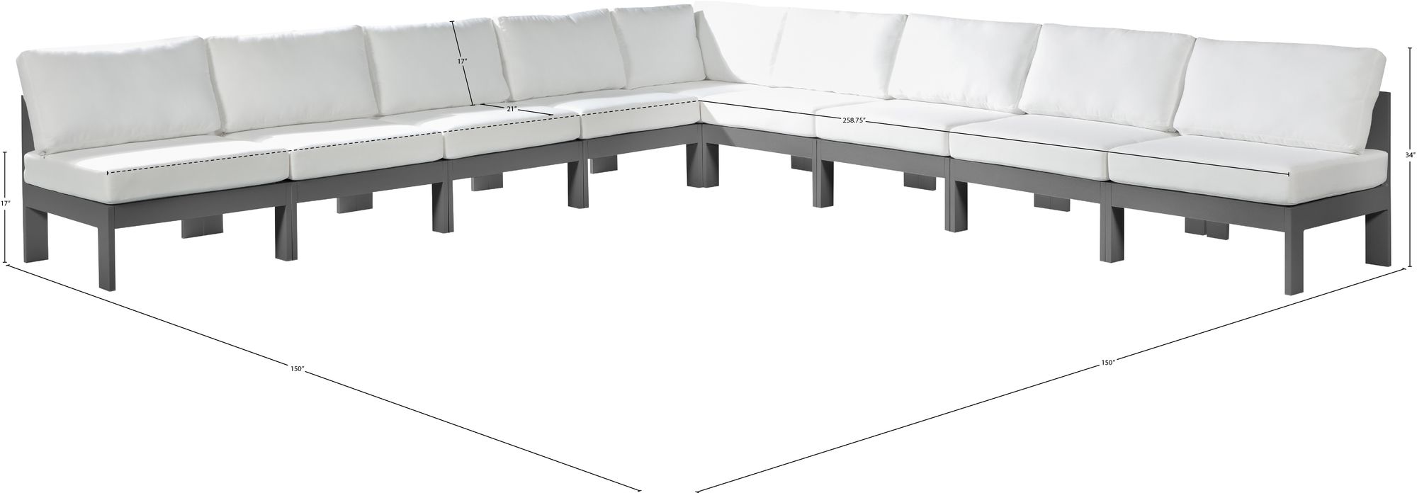 Nizuc 150" 9-Piece Outdoor Patio Waterproof Fabric Modular Armless Sectional with Dark Grey Aluminum Frame