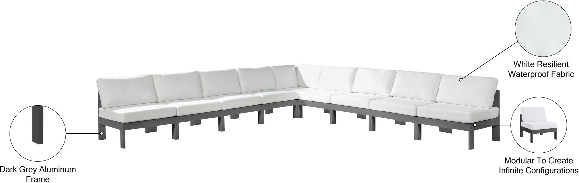 Nizuc 150" 9-Piece Outdoor Patio Waterproof Fabric Modular Armless Sectional with Dark Grey Aluminum Frame