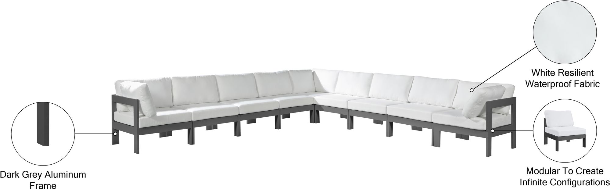Nizuc 150" 9-Piece Outdoor Patio Waterproof Fabric Modular Sectional with Dark Grey Aluminum Frame