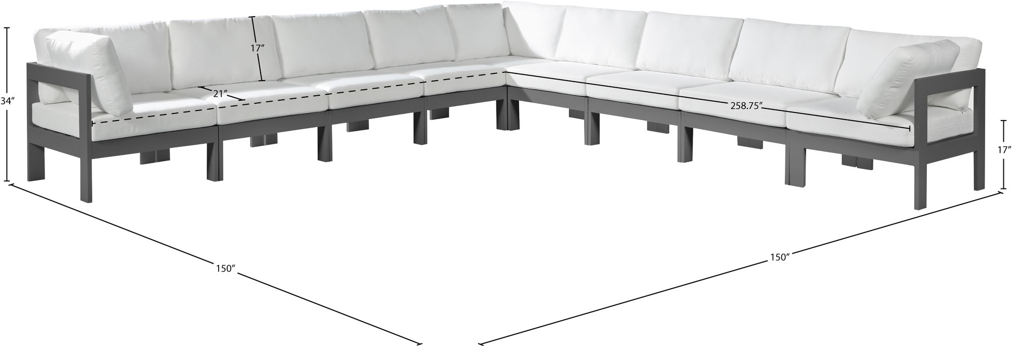 Nizuc 150" 9-Piece Outdoor Patio Waterproof Fabric Modular Sectional with Aluminum Frame