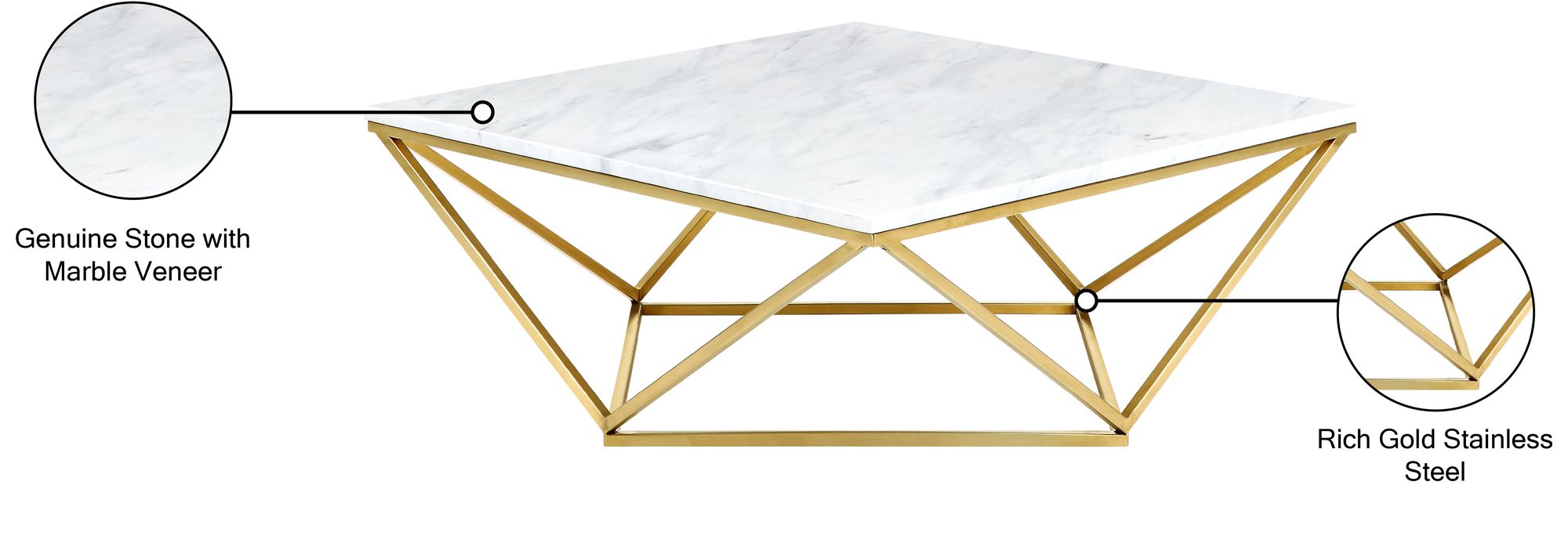 Mason 36" Square Stone Coffee Table with Gold Stainless Steel Base