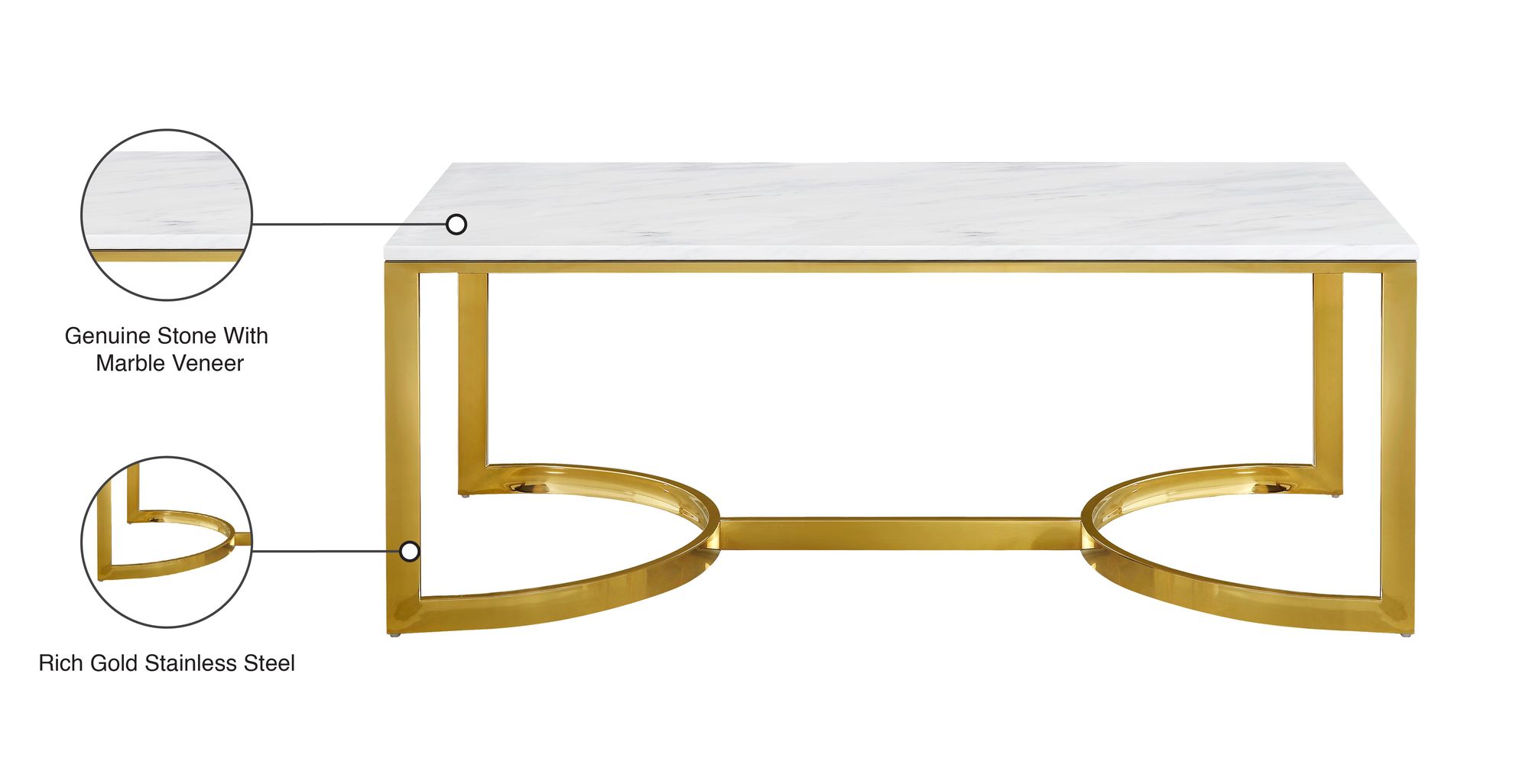 London 48" Rectangular Stone Coffee Table with Gold Stainless Steel Base