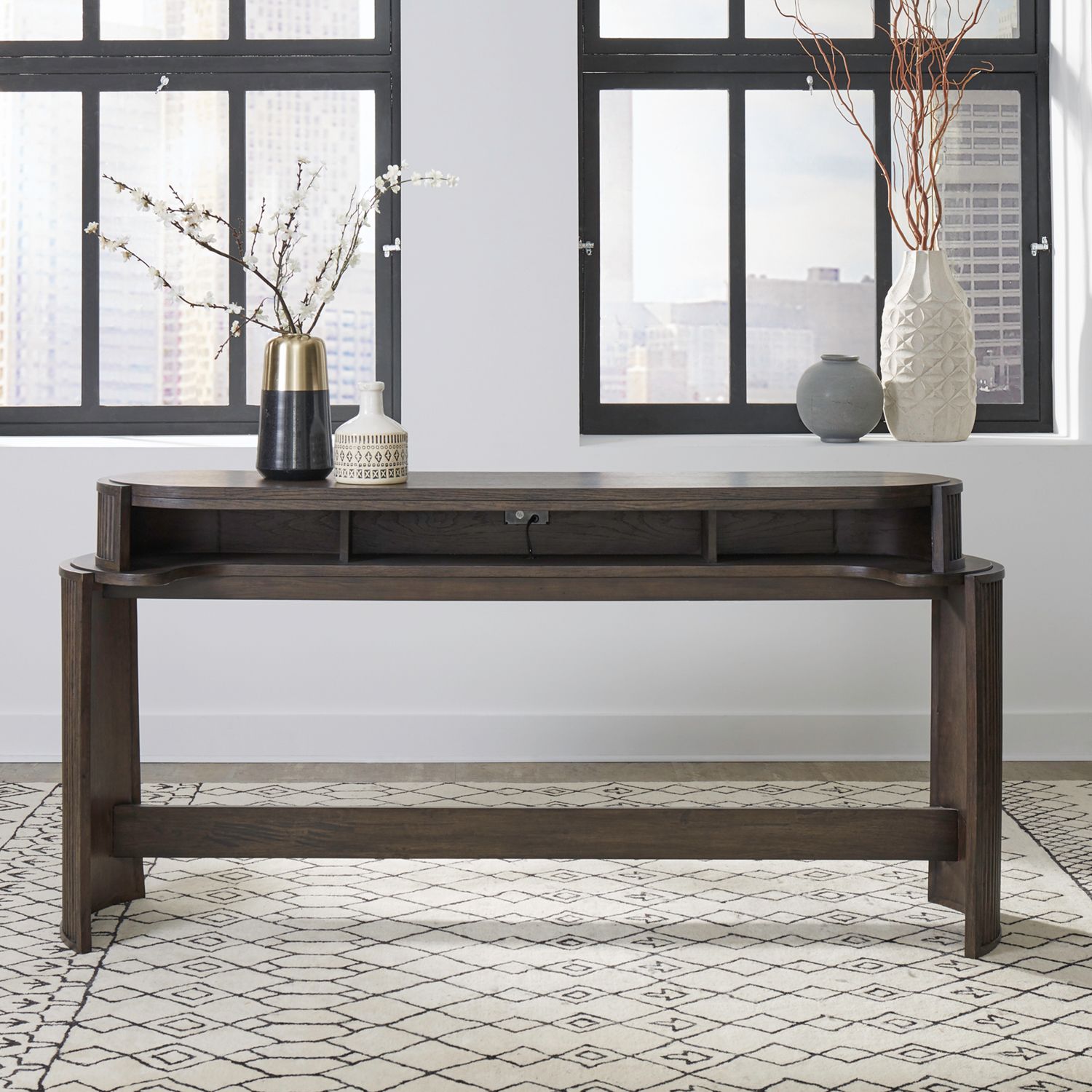 City View Oval Wood Console Bar Table w/Charging Station