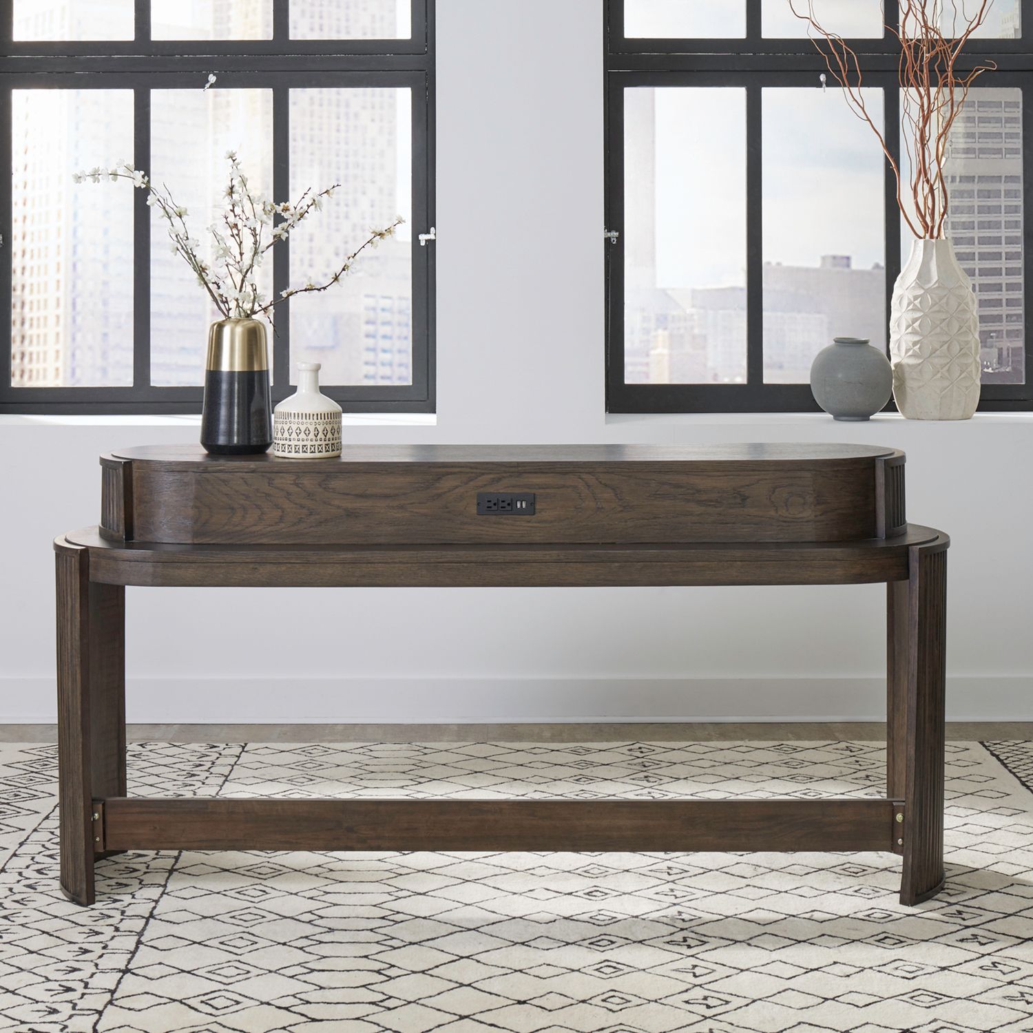 City View Oval Wood Console Bar Table w/Charging Station