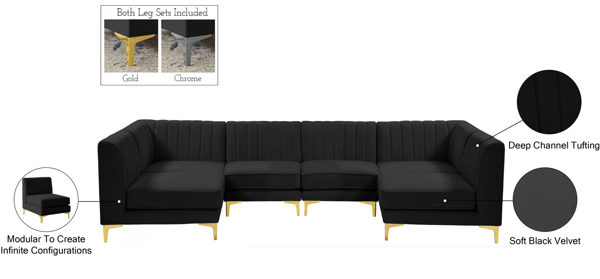 Alina 119" 6-Piece Velvet Modular U-Shape Sectional