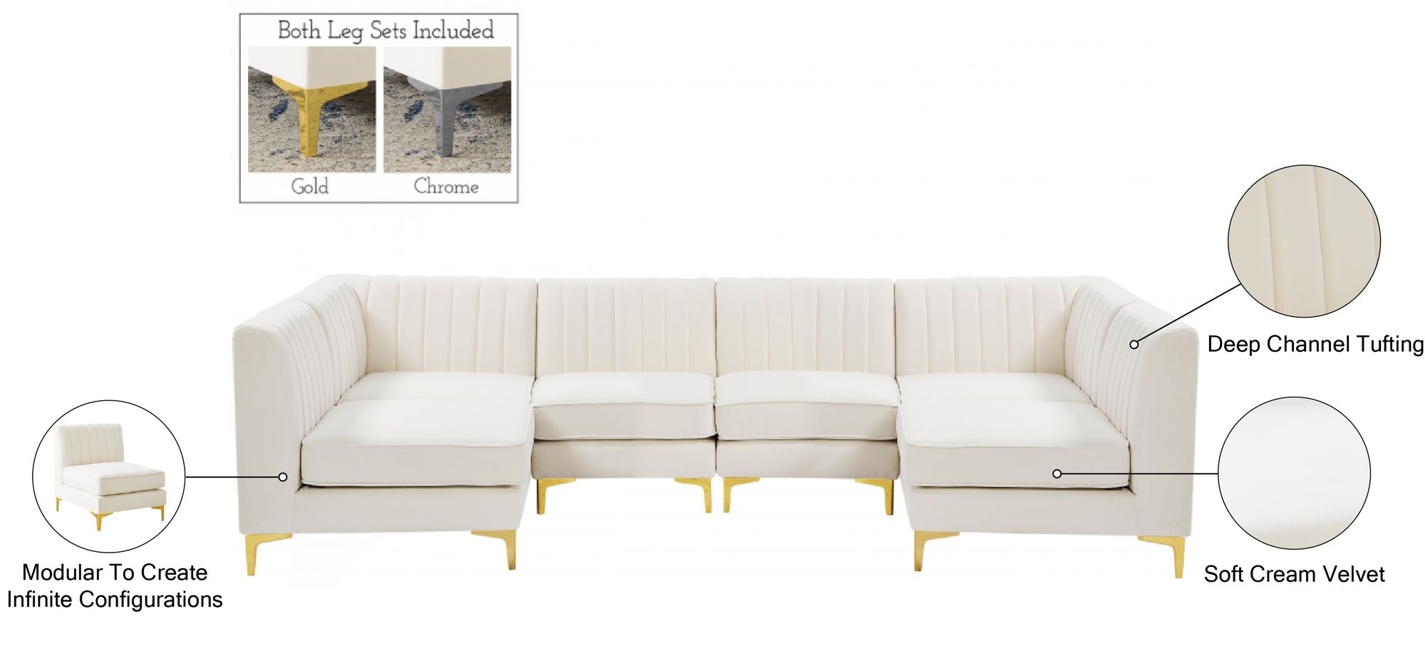 Alina 119" 6-Piece Velvet Modular U-Shape Sectional