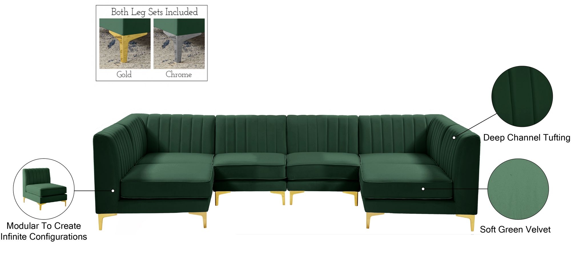 Alina 119" 6-Piece Velvet Modular U-Shape Sectional