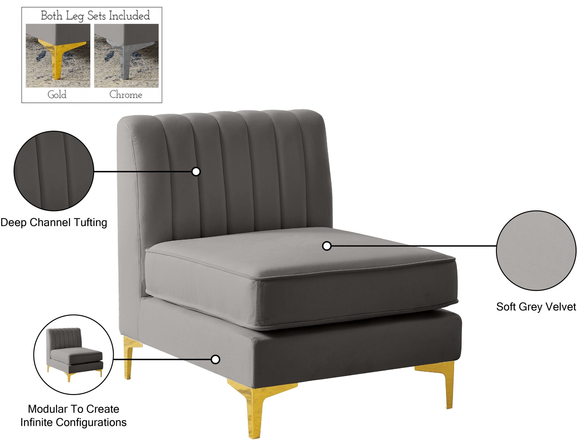 Alina Velvet Modular Armless Chair
