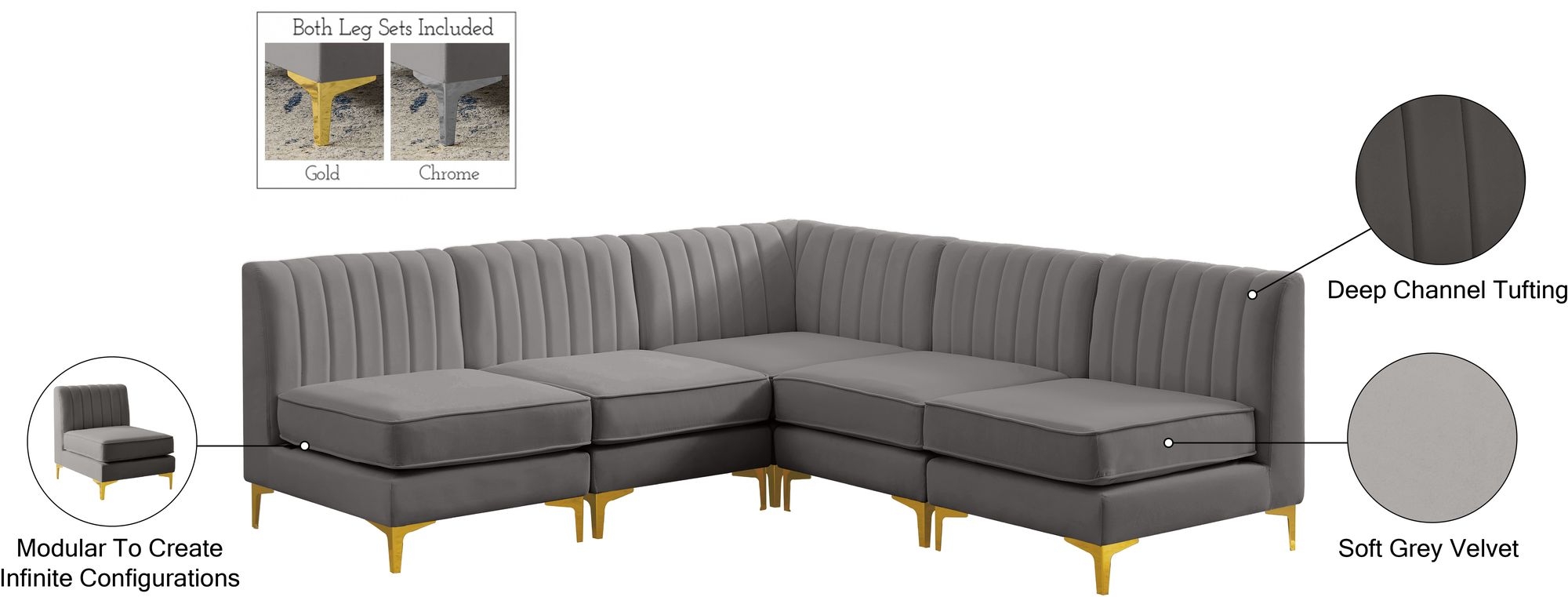 Alina 85.5" 5-Piece Velvet Modular Sectional