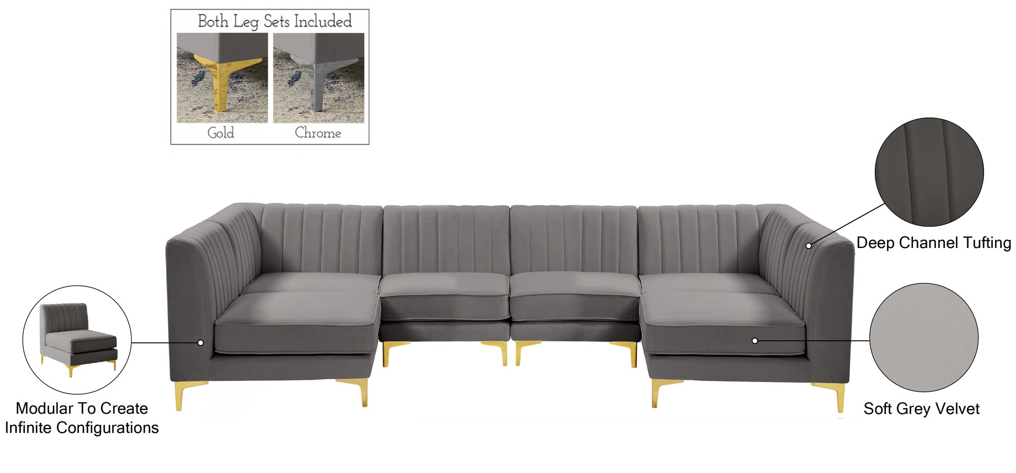 Alina 119" 6-Piece Velvet Modular U-Shape Sectional