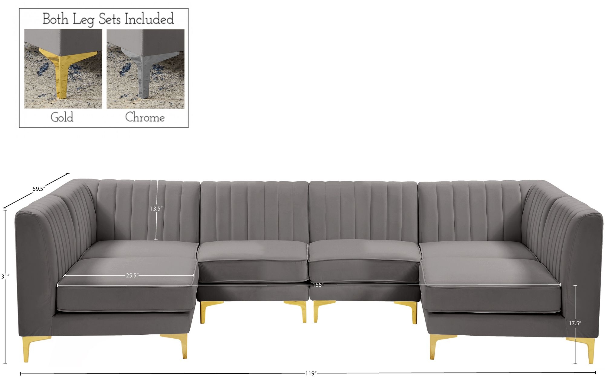 Alina 119" 6-Piece Velvet Modular U-Shape Sectional